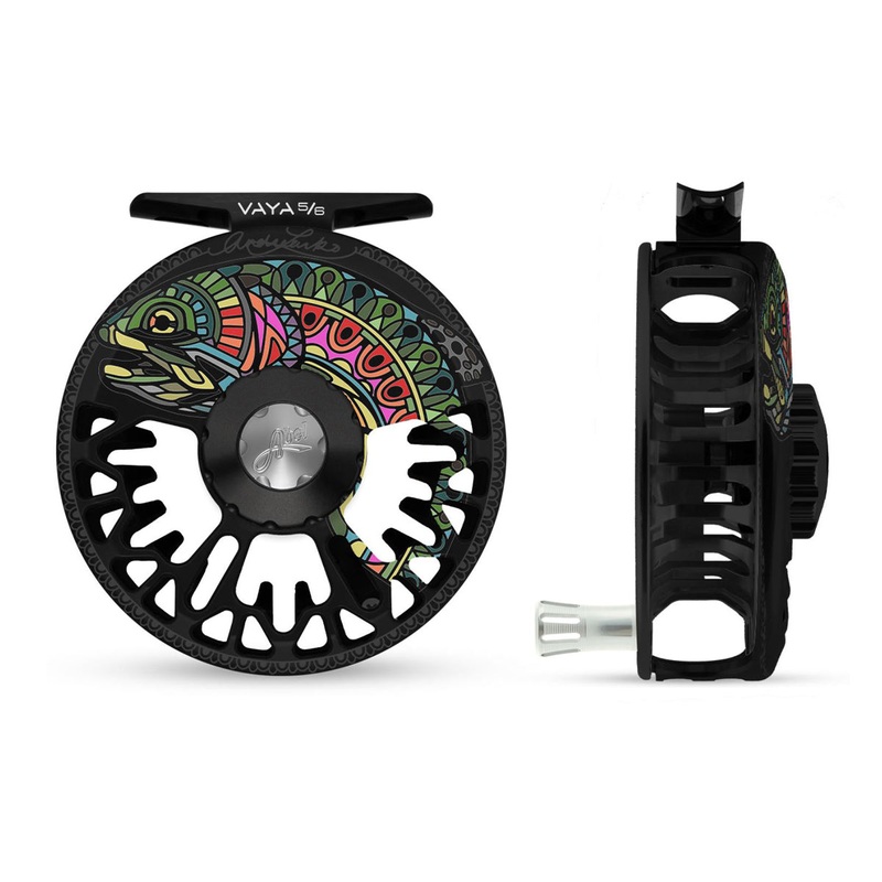 Abel Vaya Reel 5/6 Larko Rainbow Trout, Lark Rainbow Trout Black Drag Knob with Platinum Handle