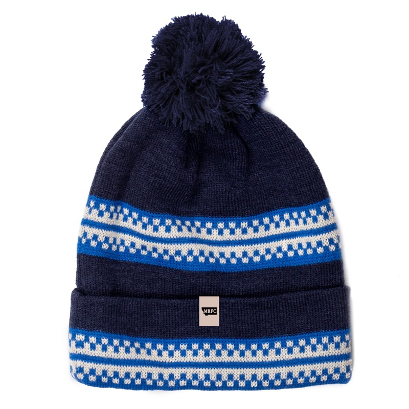 MRFC Logo Check Strip Cuff Beanie with Pom Navy/Mykonos/Vintage