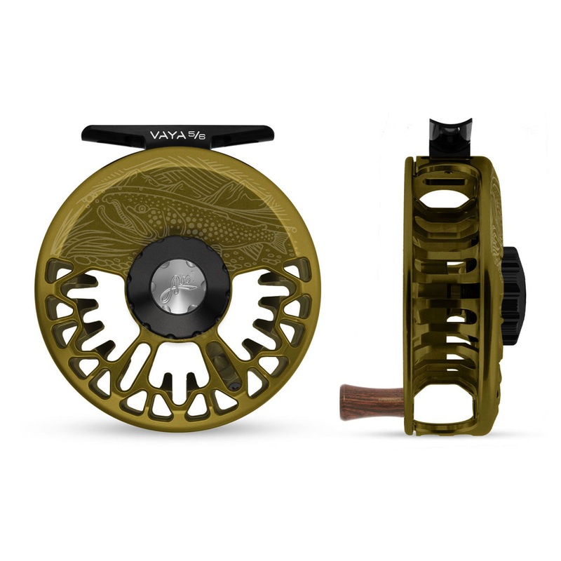 Abel Vaya Reel 5/6 Dark Olive, Gloss Black Drab Knob, Underwood On the Hunt Engraving with Rosewood Handle