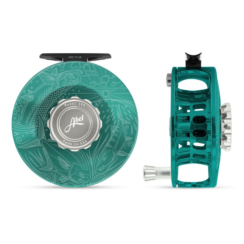 Abel SDS Reel Solid 9/10 Teal, Platinum Drag Knob, Underwood Slammin’ with Platinum Handle