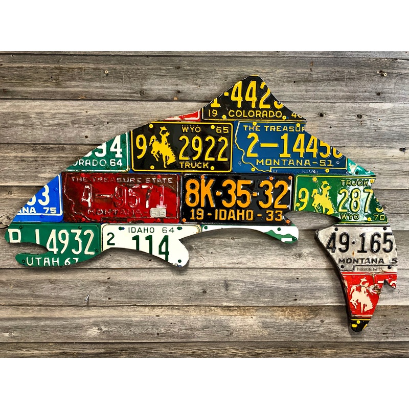 Large Antique 4-Foot Mixed Western Trout License Plate Art