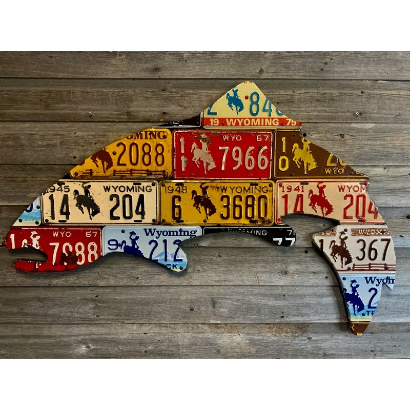 Large Antique 4-Foot Wyoming Trout License Plate Art
